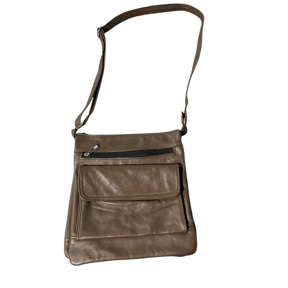 Leather Crossbody Bag Chocolate Brown Multiple Pockets Extendable 10in by 10in